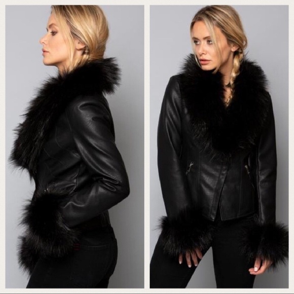 Black Faux Fur Faux Leather Jacket - Picture 2 of 6